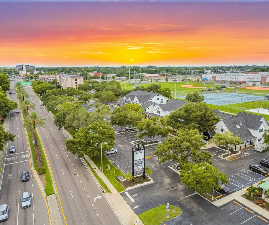 MJ Village from the air at sunset, with East Bay Drive on the left and Largo High School behind